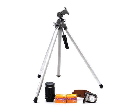 Photographic equipment, including 400mm telephoto Soligor lens, other lenses and accessories.