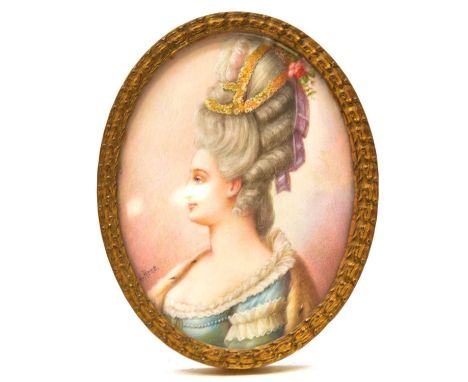 H Rene, 19th century, portrait miniature, a lady in profile, on ivory panel, oval 7.5x5.5cm, gilt metal frame.Ivory Act 2018 