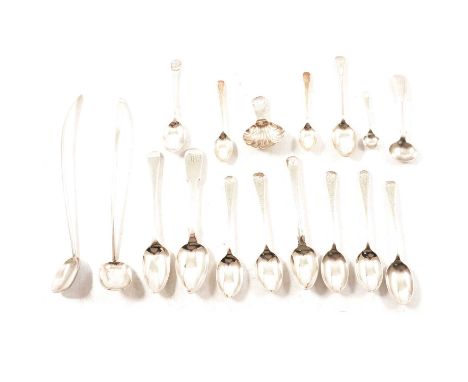 Georgian silver caddy spoon, as found, teaspoons, cocktail spoons, etc., 8ozt in total.