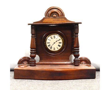 Mahogany and mixed wood portico clock, inlaid case, cylinder timepiece movement, 39cm.