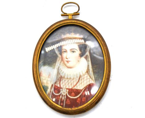 Continental School, 19th century, miniature portrait of a French noblewoman, on ivory panel, 8x6cm, gilt metal frame, indisti