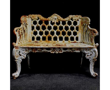 Coalbrookdale style cast iron garden bench, scrolled outlines, pierced back, 110cm.
