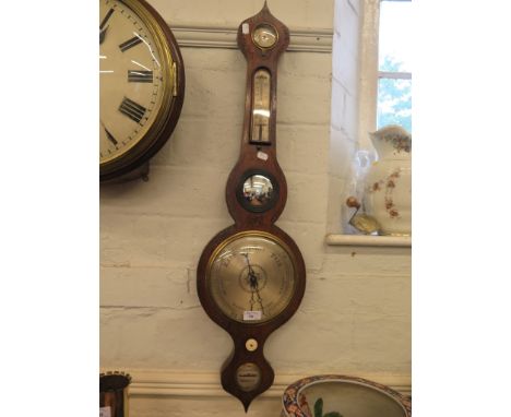 A Regency painted rosewood banjo barometer, with hygrometer, thermometer, convex mirror and silvered dial, 95cm high 