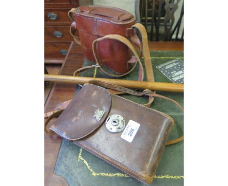 A brass handled bamboo cane, with relief decoration 87cm long, a Kodak no 1A Autographic Junior camera, and a pair of Heath &