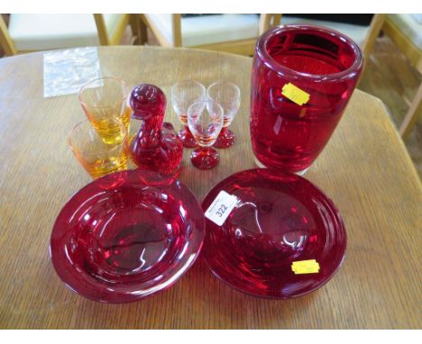 A pair of 1970s amber firing glasses, a Whitefriars red glass vase, 17cm high, a model duck, three red liqueur glasses and tw