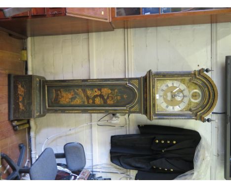 A George III green lacquer longcase clock, the domed hood over an arched trunk door and plinth base depicting Chinese scenes,