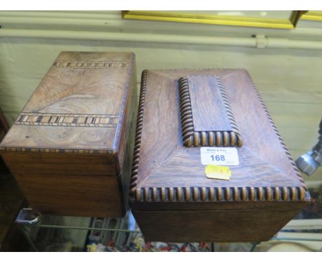 A Regency sarcophagus form rosewood tea caddy, 26cm wide and a Tunbridge ware walnut tea caddy 23cm wide 