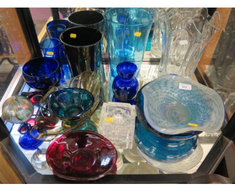 Various coloured glass vases, bowls and ashtrays mostly 1960's and 70's, a large hobnail cut square inkwell, and a glass lust