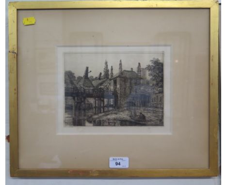 An etching of the Old Toll Bridge at Putney Bridge, with figures in the foreground, unsigned, 15cm x 20cm 