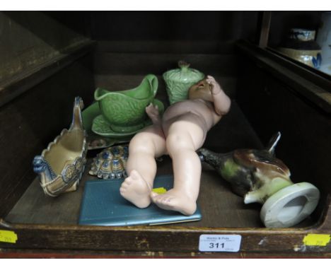 A German Heinrich Handwerck Baby Doll marked H.W. with open mouth and closing eyes, a Carltonware jam pot, Wade Whimsies and 