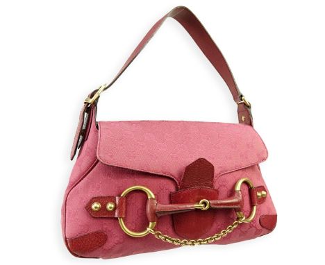 Gucci Magenta Monogram Canvas Signature Horse Bit Saddle Bag. Magenta leather interior, brushed gold hardware. Dustbag includ