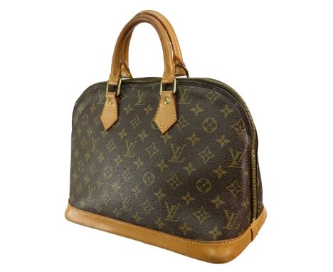 Louis Vuitton Brown Canvas Monogram Alma PM. Golden brass hardware, brown interior with slot and patch pockets, vachetta hand