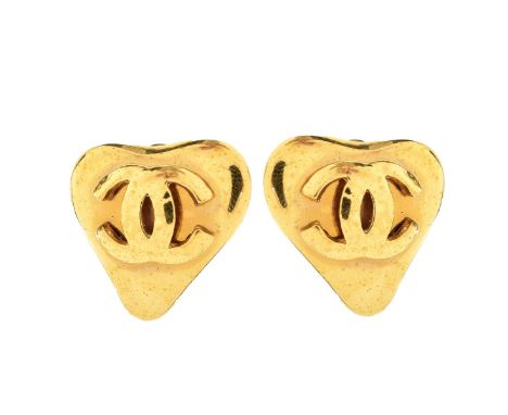 Chanel Gold Tone Heart Shape Enamel Clip Earrings. Stainless Steel Without Nickel. Signed. Chanel, logo 93 P. Measure 1" H. C