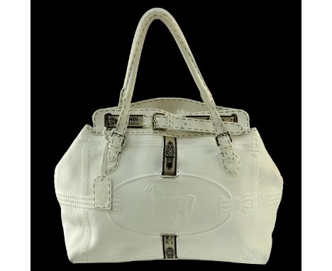 Fendi White Leather Selleria Tote Horse Bag, Silver tone hardware, tan canvas interior. Dustbag included. Labeled appropriate