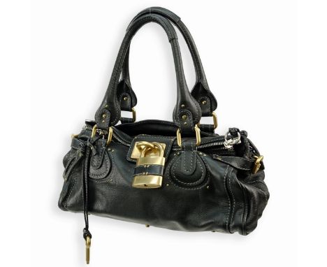 Chloe Black Leather Paddington MM Bag. Brushed gold hardware, black canvas interior, lock and key. Original tag and dustbag i