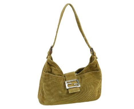 Fendi Brown Green Corduroy Canvas Front Slip Pocket Bag. Silver tone hardware, brown canvas interior. Dustbag included. Label