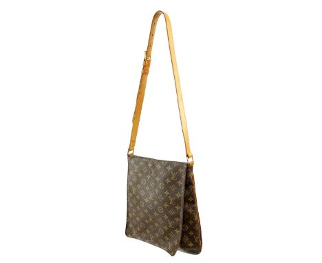 Louis Vuitton Brown Canvas Monogram Musette Bag. Golden brass hardware, brown interior, vachetta strap. Labeled appropriately