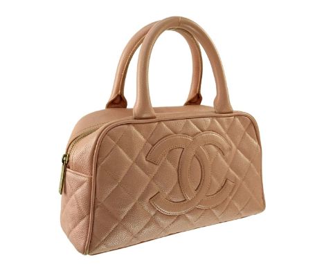Chanel Pink Quilted Caviar Leather Front Logo Bag. Gold tone hardware, tan interior. Labeled appropriately. Serial #8157353. 
