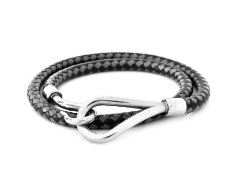 Hermes Black/Grey Leather Double Tour Bracelet. Silver tone hardware. Signed appropriately. Measures 15" Length. Condition: G