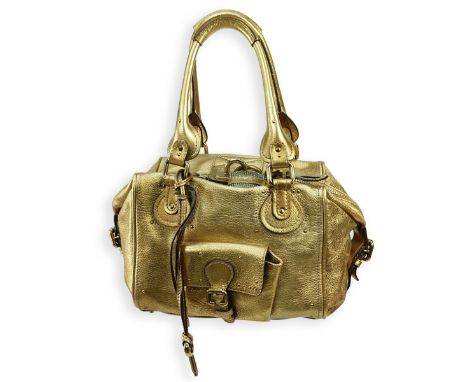 Chloe Gold Leather Paddington Front Pocket MM Bag. Gold tone hardware, beige canvas interior. Dustbag included. Labeled appro