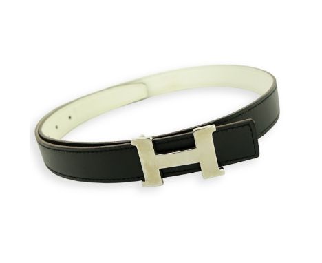 Hermes Black/White Togo Leather H Belt 80. Silver tone H. Labeled appropriately. Measures 37" L. Condition: Pre-owned good co