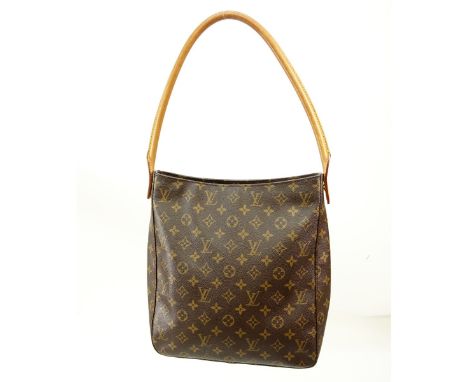 Louis Vuitton Brown Canvas Monogram Looping GM Bag. Golden grass hardware, tan suede interior with zippered and patch pockets