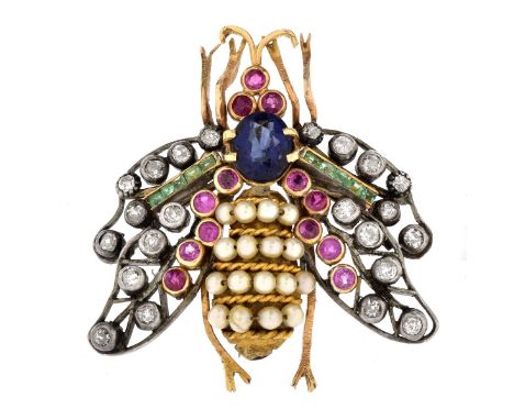 Antique Multi Gemstone,14 Karat Yellow Gold and Silver Bug Brooch. Set throughout with an oval cut sapphire, diamonds, rubies