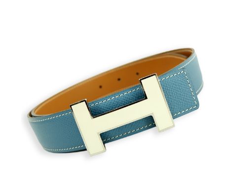 Hermes Blue Jean Epsom Leather Quizz Lacquer H Belt 80. White/silver H. Signed appropriately. Measures 37" L. Condition: Pre-