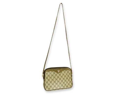 Gucci Beige Coated Canvas Shoulder Bag. Gold tone hardware, tan interior. Dustbag included. Labeled appropriately. Serial #89