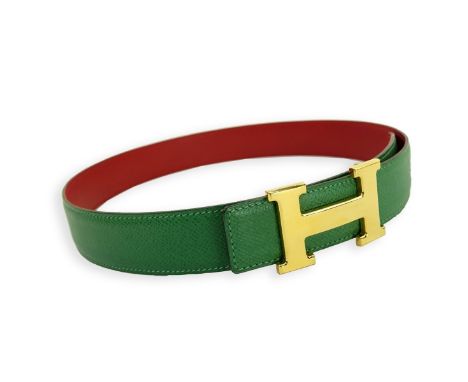 Hermes Light Bamboo/Rouge Epsom Leather and Gold H Belt 70. Original box. Labeled appropriately. Measures 33-1/4" L. Conditio