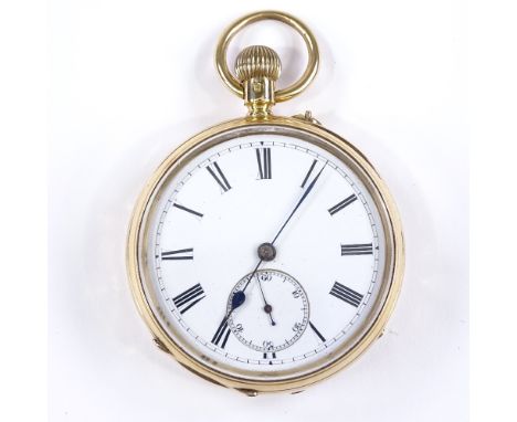 A 18ct gold open-face top-wind pocket watch, with white enamel dial, Roman numeral hour markers and subsidiary seconds dial, 