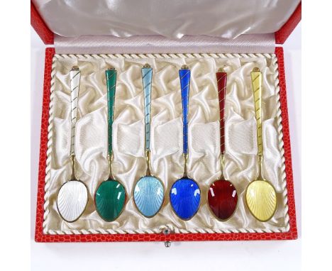 A set of 6 coloured enamel and silver-gilt coffee spoons, by ELA of Denmark 