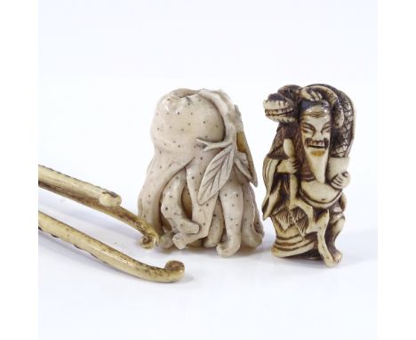 A group of 3 Chinese ivory and bone carvings, comprising an ivory coral reef carving, height 5cm, a bone/horn octopus tentacl