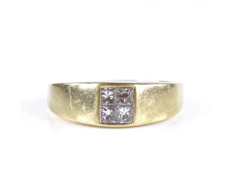 An 18ct gold 4-stone diamond signet ring, total Princess-cut diamond content approx 0.45ct, setting height 7mm, size U, 7.3g 