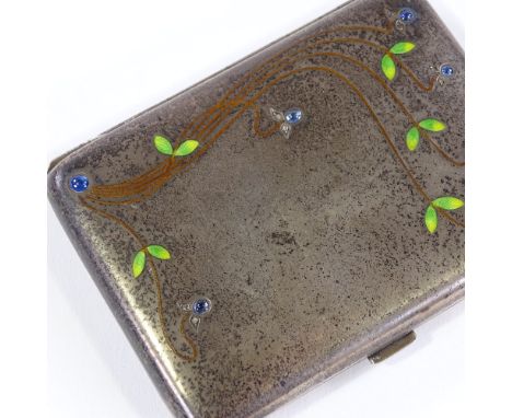 An Austrian Art Nouveau silver sapphire diamond and enamel cigarette case, with leaf and floral decoration, set with cabochon