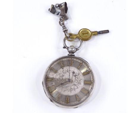 A Continental silver-cased open-face key-wind pocket watch, by C Lannier, with engine turned case, and applied gold Roman num