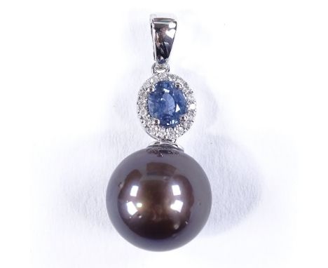 A 14ct white gold cultured black Tahitian pearl, sapphire and diamond cluster pendant, oval-cut sapphire approx 0.46ct, total