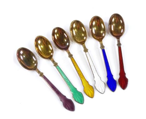 A set of 6 silver and coloured enamel teaspoons, by Meka of Denmark 