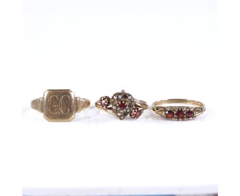 2 9ct gold stone set rings, together with a 9ct signet ring, 7.4g total (3) 