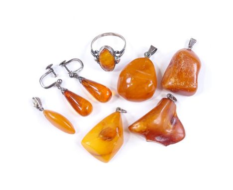 8 pieces of Baltic amber and silver jewellery, including pendants, ring and earrings, 22.6g total 