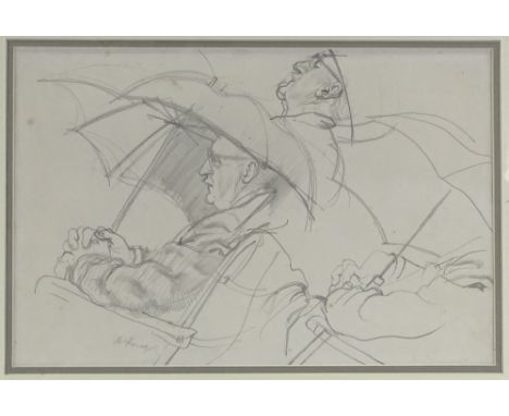 Sir Walter Westley Russell RA (1867 - 1949), pencil sketch, figure with umbrella, signed, 9" x 13.5", framed 