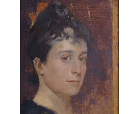 Oil on panel, circa 1900, portrait of a woman, unsigned, 9.5" x 5.5", framed 