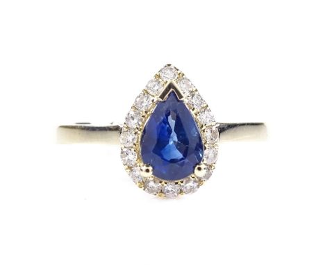 A 14ct gold sapphire and diamond cluster ring, pear-cut sapphire approx 1.06ct, total diamond content approx 0.2ct, setting h