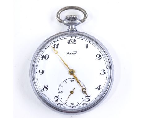 A stainless steel cased open-face top-wind Tissot pocket watch, 15 jewel movement with Arabic numerals and subsidiary seconds