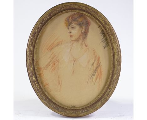 Early 20th century coloured pastels, portrait of a woman, indistinctly signed, 19" x 15", framed 