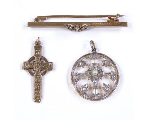 An unmarked gold, pearl and rose-cut diamond circular pendant, diameter 21.6mm, together with a 9ct pearl crown bar brooch, a