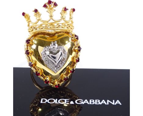 A Dolce &amp; Gabbana sacred heart gold plated ring, size P, boxed 