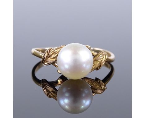 A 14ct gold Mikimoto whole cultured pearl dress ring, pearl diameter 7.6mm, size M, 2g 