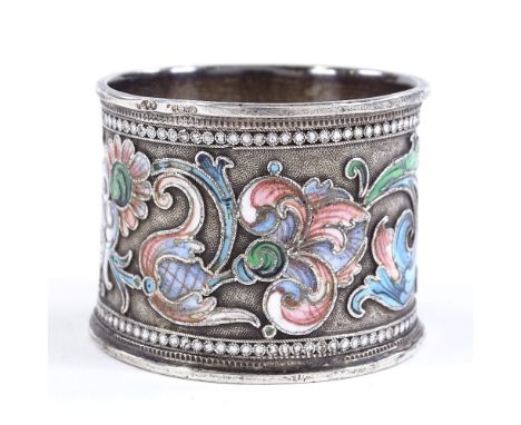 A Russian silver and champleve enamel napkin ring, with floral decoration, 84 zolotnik stamp, band width 3.5cm, 1.1oz 