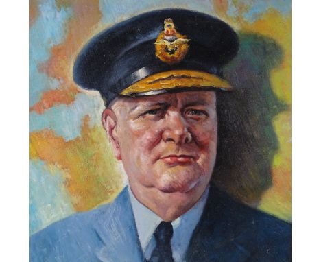 Oil on board, portrait of Winston Churchill, unsigned, 21" x 18", framed 